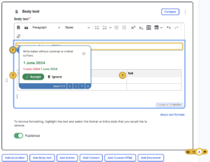 Hovering over the style guide checker's marker opens a tip box with information about the failed check, a suggested change, and an option to accept or ignore the suggestion.